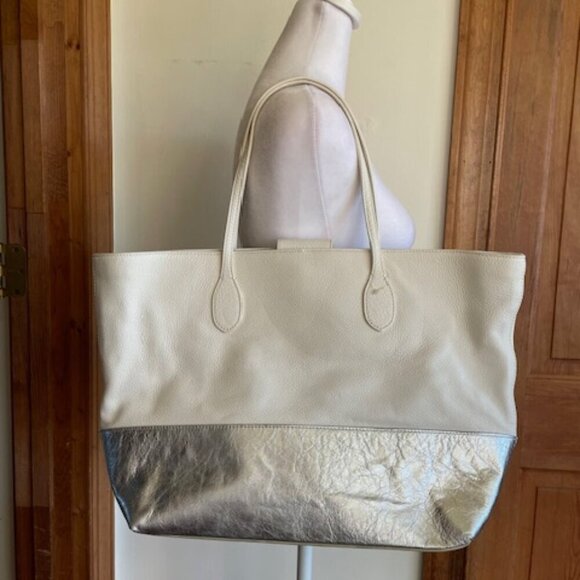 TALBOTS Leather White Silver Large Tote Bag NWOT - Picture 2 of 16